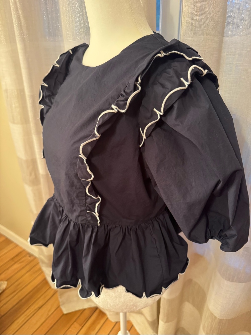 English Factory Navy Peplum Top with White Trim Ruffles - Picture 3 of 7